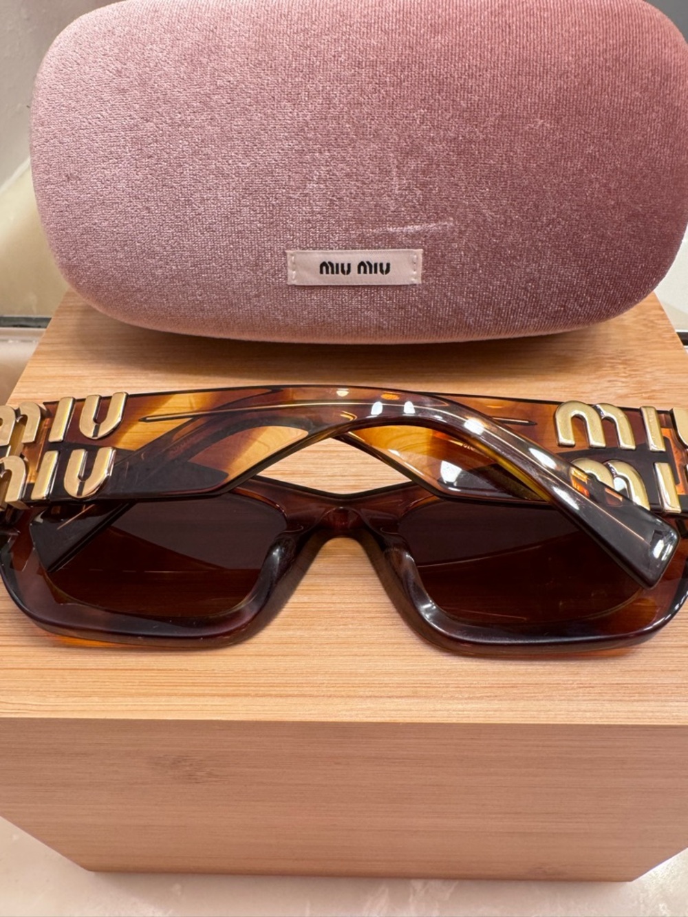 Miu Miu Brown Tortoiseshell Logo-Trim Shield Sunglasses